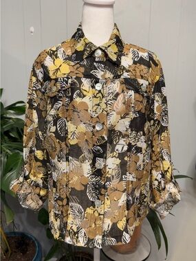 #17)  Ruby Rd. Sheer Floral Button-Front   Top with roll up sleeve